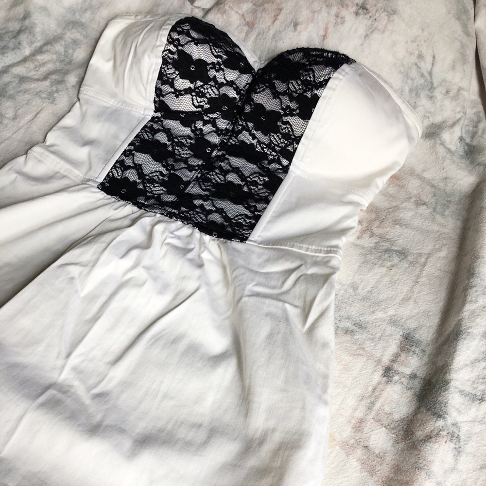 Black Lace, White Strapless Dress